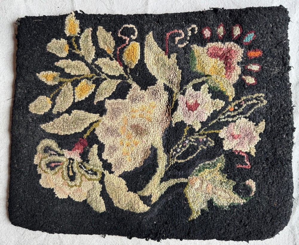 Antique Hooked Rug Mat for Chair / Table Black with Flowers / Wool Backing