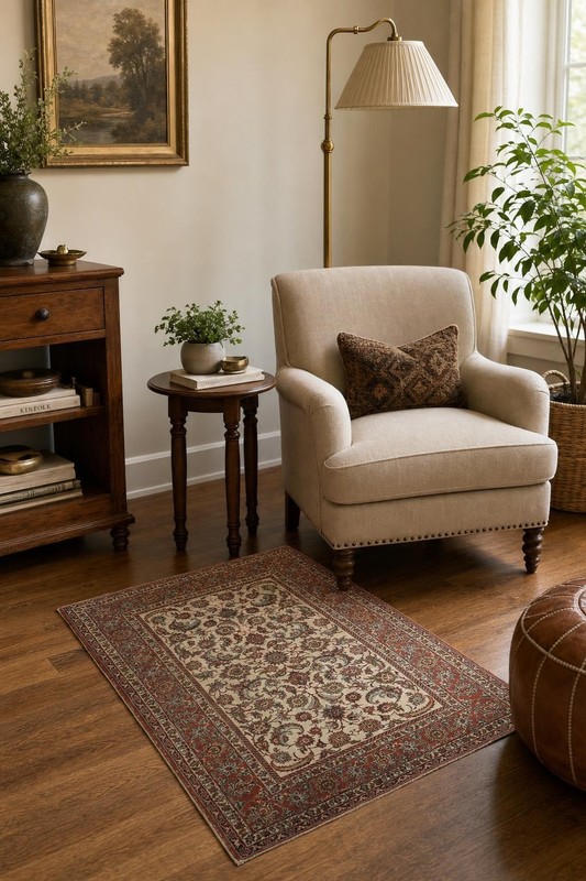 Fine Pre-1900 4x5 Antique Traditional Wool Floral Area Rug in Red & Ivory Tones gallery