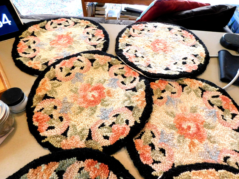6 Antique Hooked Rug Round Floral Chair/Stool Seat Covers /Doilies/ 14 3/4 " gallery