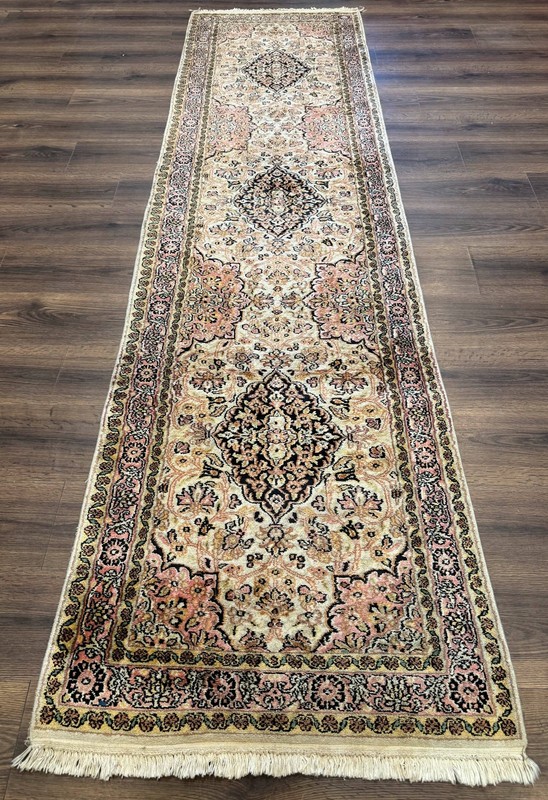 Silk Indian Kashmiri Runner Rug 2.7 x 9.8, Floral Medallions gallery