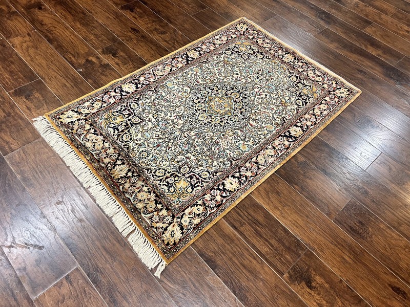 Silk Oriental Rug 4x5 Handmade Vintage Carpet Cream Navy Blue Very Fine 360 KPSI gallery