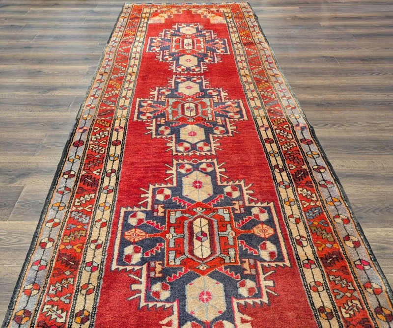 Per'sian Karajeh Heriz Runner 4x12, Geometric Medallions, Terracotta Red gallery