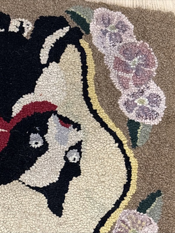 Antique Folk Art Boston Terrier Hooked Rug C1920, 32”x20” Handmade gallery