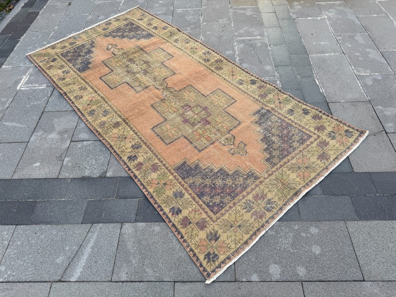 Handmade Oushak Rug 4.5x8.6 Ft Peach Blue Vintage Turkish Wool Area Carpet gallery