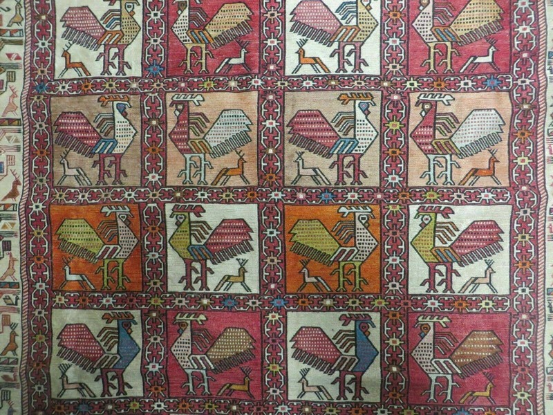 Semi Antique Russian Soumak Rug 4x6, Silk & Wool, Roosters, Panel Design, Rare gallery