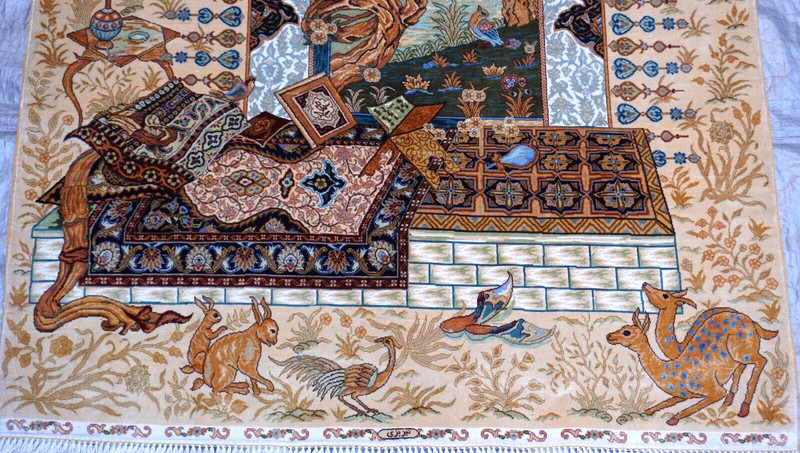 Stunning 100% Silk Hand Knotted Bird Rabbit Deer Flowers Book Prayer Rug 4'x6'7" gallery