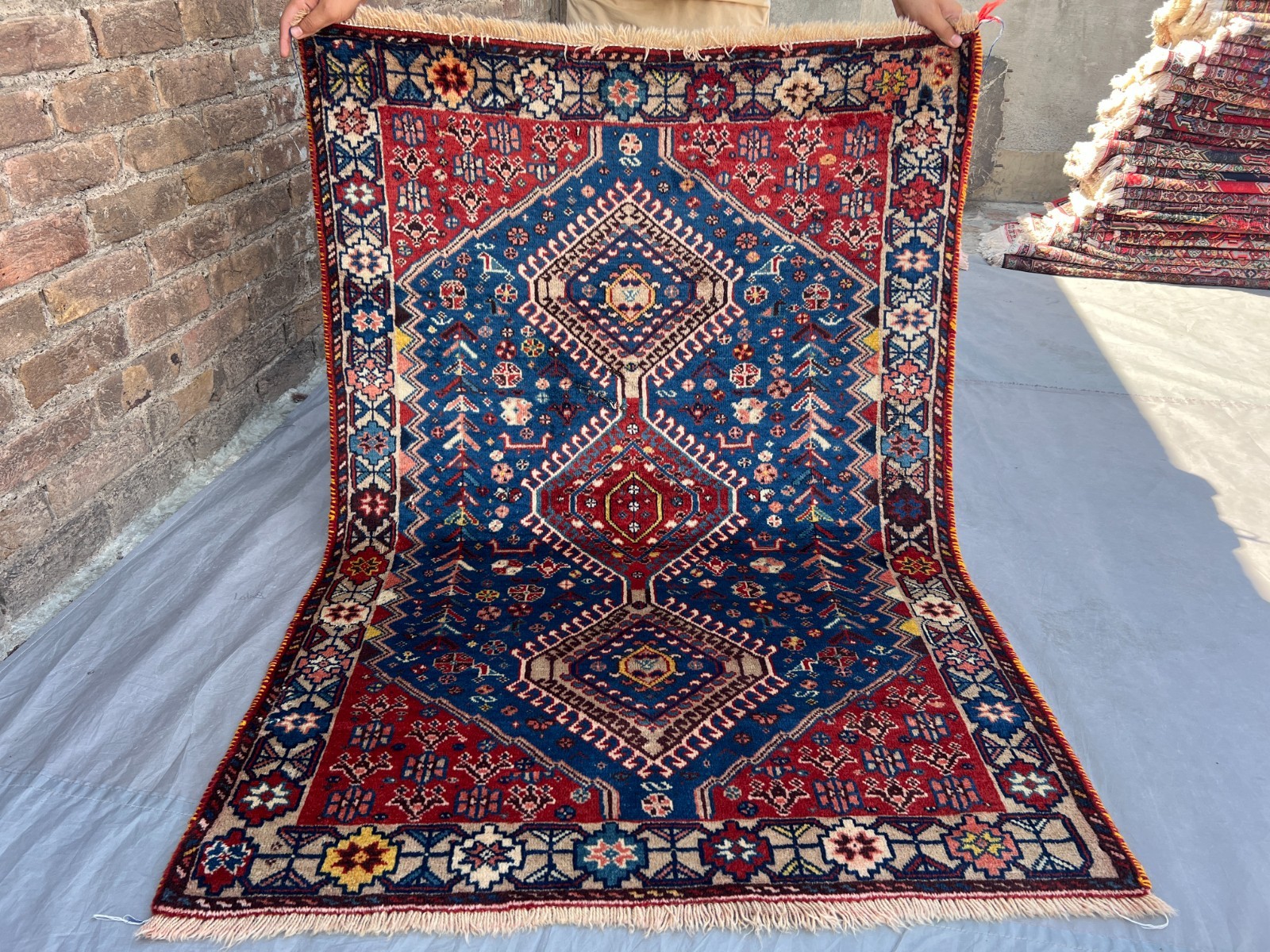 3'5 x 4'10 Antique Turkish Hand Knotted Tribal Geometric Blue Red Wool Floor Rug gallery
