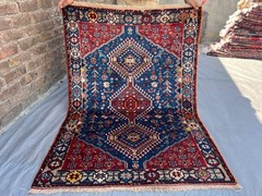 3’5 x 4’10 Antique Turkish Hand Knotted Tribal Geometric Blue Red Wool Floor Rug