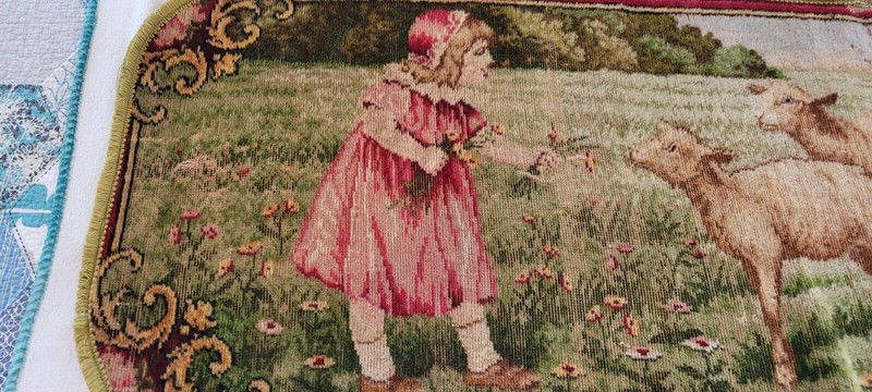 Antique Rug Tapestry Wall Hanging Victorian Girl Feeding Sheep Farmhouse gallery