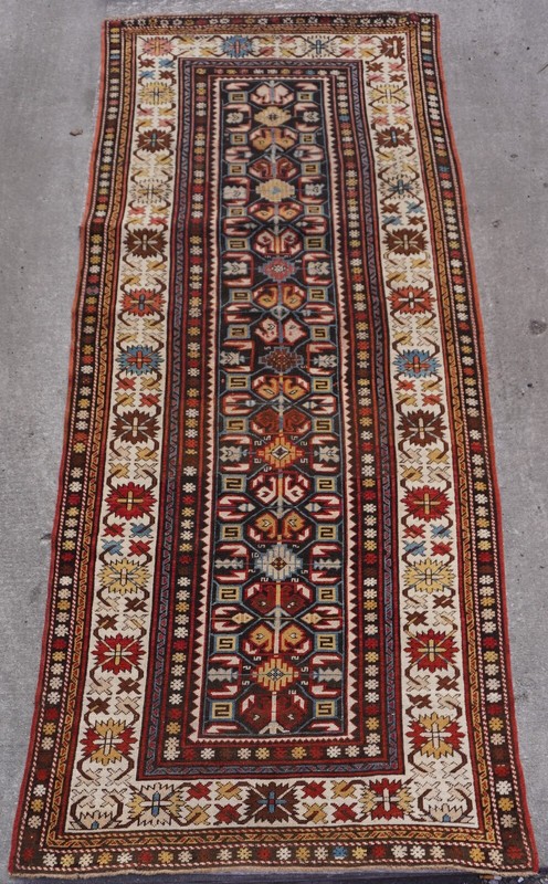 Phenomenal 1880sAntique Caucasian Gendje Hand-Knotted Wool Runner Rug 3'8" x 9' gallery