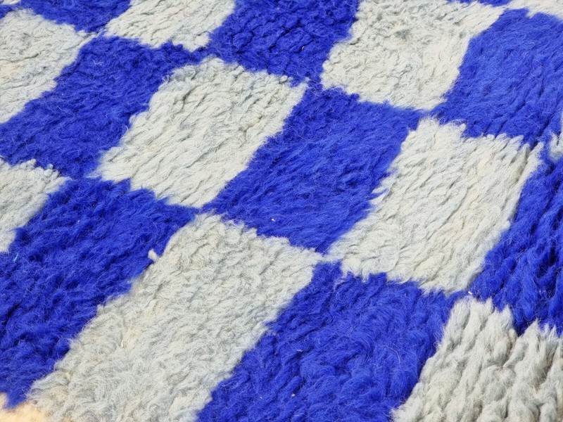Moroccan Handmade Beni Ourain Runner 2'1x7'2 Berber Checkered Blue Wool Carpet gallery