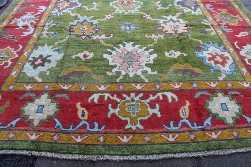 Vintage Traditional Hand Made Turkish Oushak Oriental Wool Green Carpet 392x310 gallery