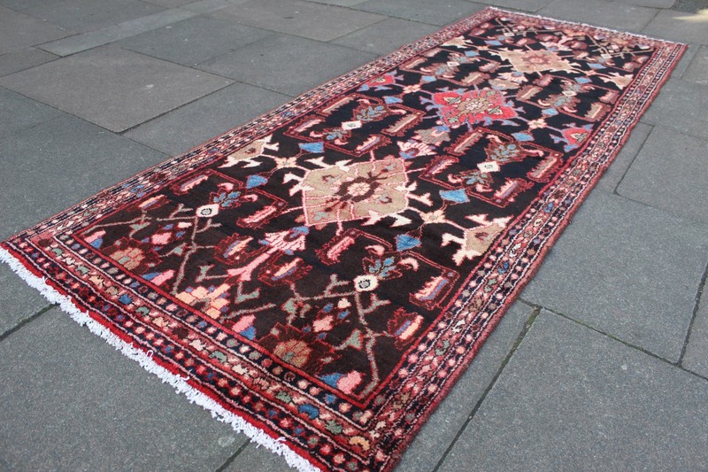 Vintage Hand Made Traditional Oriental Wool Black Red Long Rug Runner 288x110cm gallery