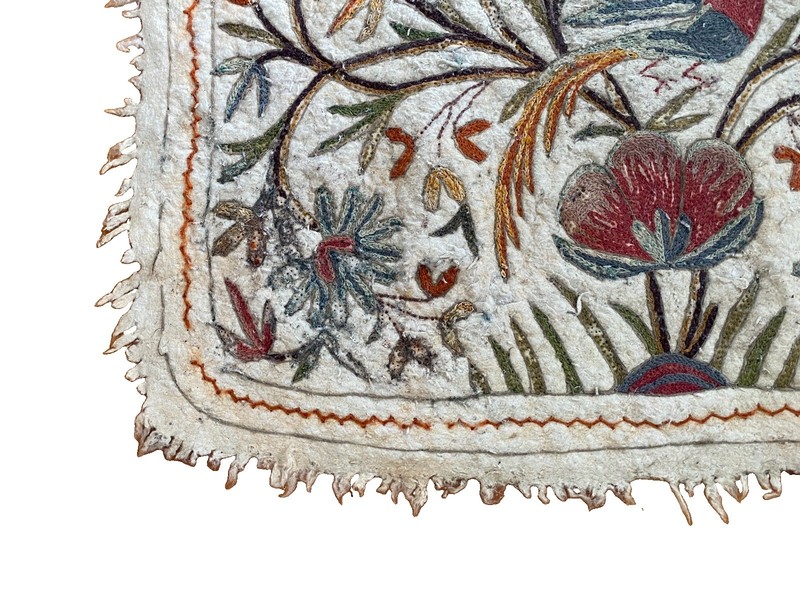 Antique Kashmiri Namada Rug Handcrafted Wool Aari Embroidery Bird Floral Motif gallery