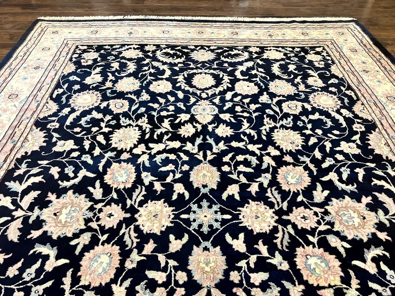 Indo Per'sian Rug 9x12 Navy Blue Ivory Floral Vintage Wool Carpet Handmade gallery