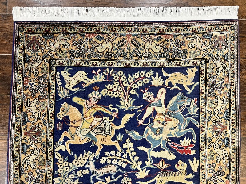 Oriental Rug 4x5 Vintage Wool Handmade Hunting Design Carpet Navy Blue & Mustard gallery