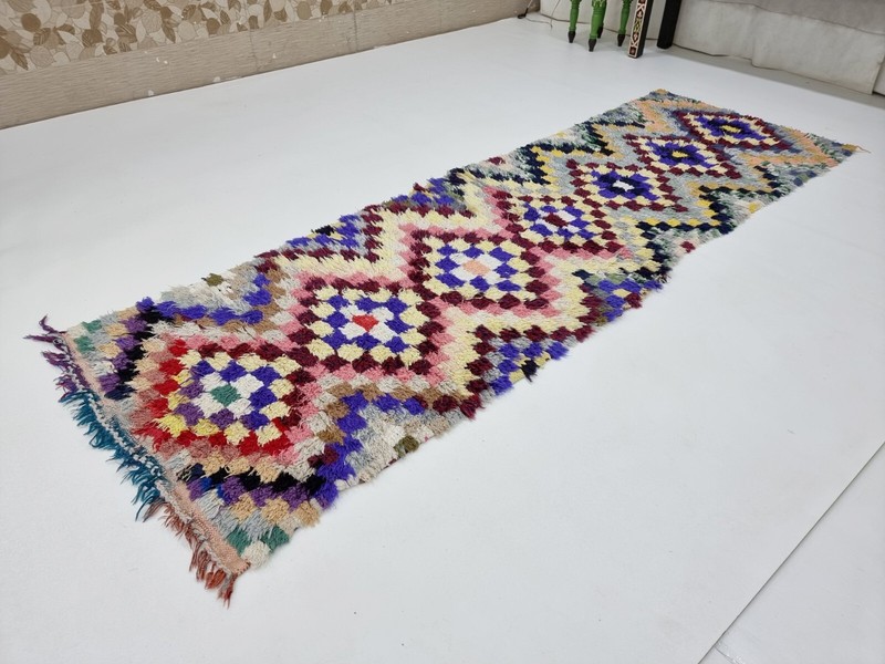 Moroccan Handmade Vintage Rug 2'8x8'7 Berber Checkered Funky Cotton Area Carpet gallery