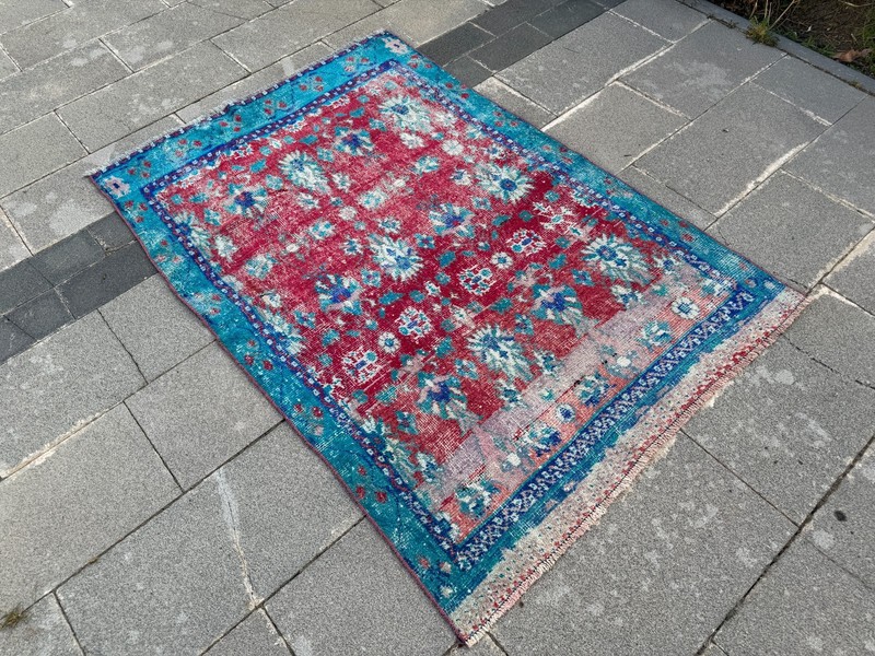 Vintage Turkish Rug 3.8x5.6 Ft Teal Coral Distressed Wool Area Rug Handmade gallery
