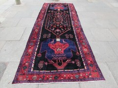 Vintage Hand Made Traditional Oriental Wool Blue Red Corridor Carpet 370x141cm