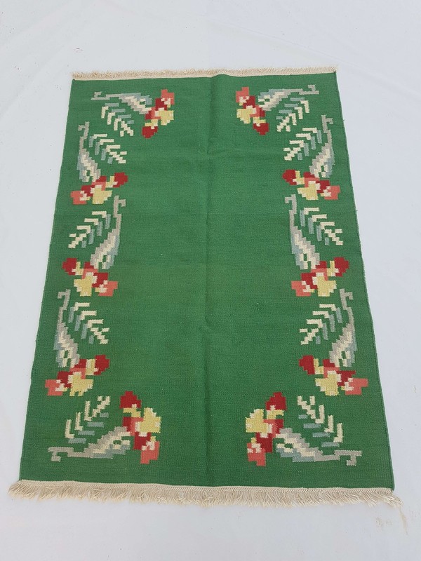 Vintage Handmade Traditional Geometric Green Red Kilim Rug Carpet 217x158cm gallery