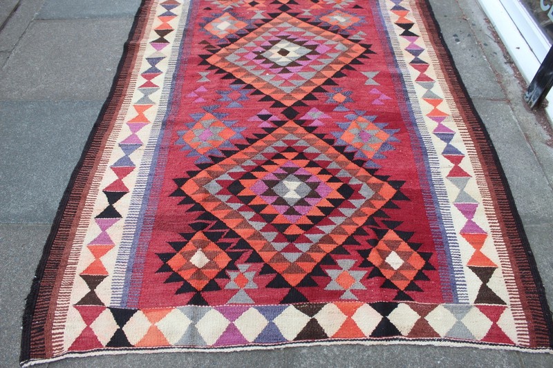 Vintage Traditional Hand Made Oriental Cotton Wool Red Large kilim 322x143cm gallery