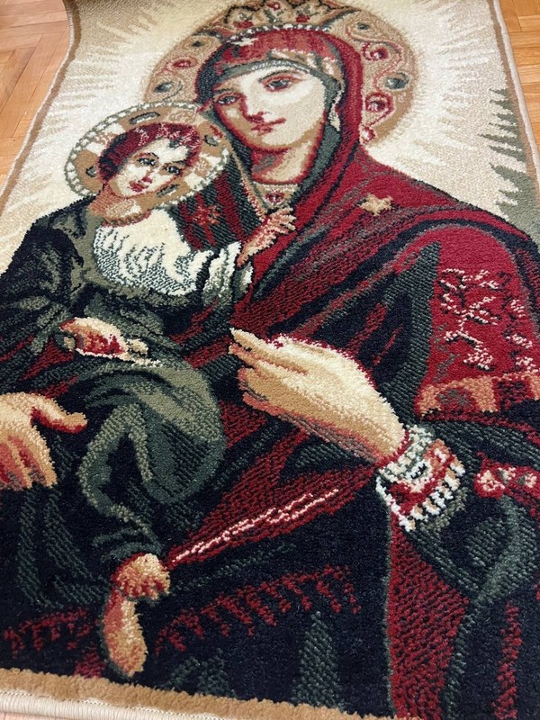Vintage Woven Religious Tapestry Rug Mother of God with Infant Christ Thick Wall gallery