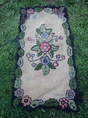 Antique Floral Hooked Rug Flowers Floral on Black Background 27″ wide x 52″ long