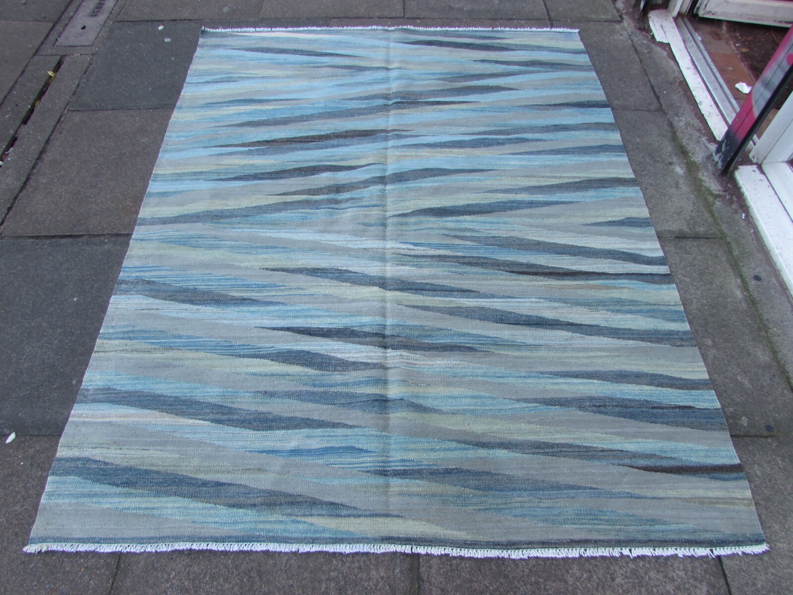 Kilim Vintage Traditional Hand Made Oriental Faded Blue Wool Kilim 196x152cm gallery