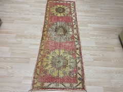 Antique Turkish Rug 1.6×4.8 ft Vintage Faded Red Floral Runner Wool Boho Mat
