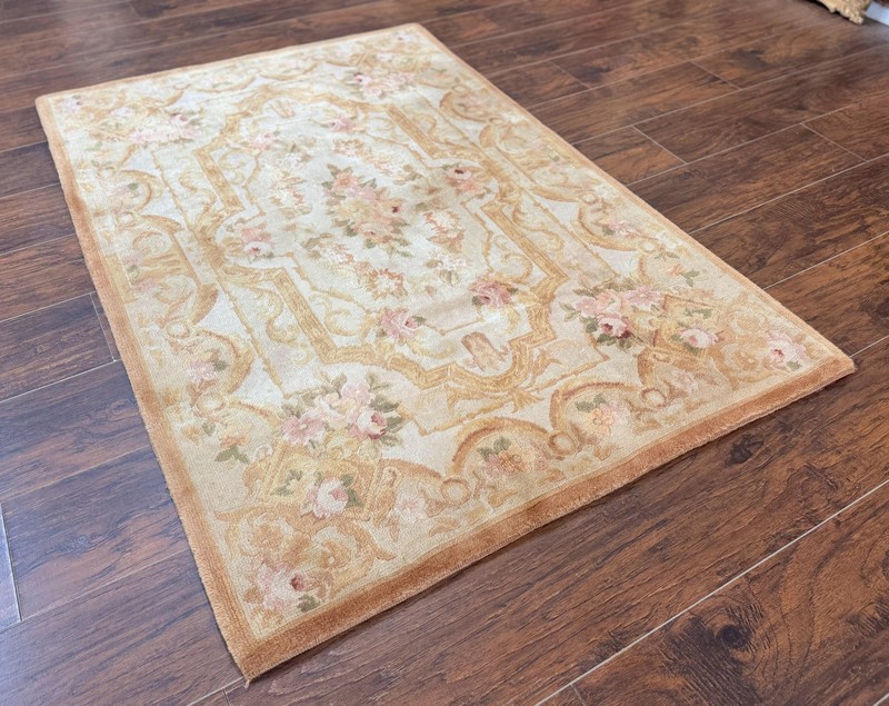 Chinese Aubusson Rug 3.6 x 5 Beige Gold Handmade Vintage Elegant Wool Carpet gallery