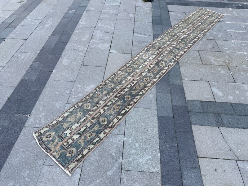 Vintage Turkish Runner Rug 1.7x11.6 ft Neutral Oushak Hallway Rug gallery