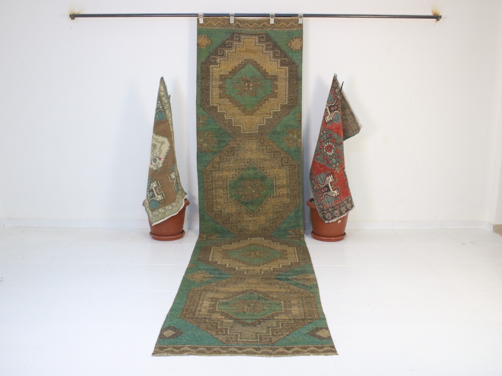 Extra Long Vintage Runner Rug , Green Beige Distressed Wool Hallway 3x12 ft gallery