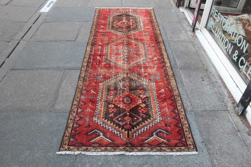 Vintage Worn Hand Made Traditional Oriental Wool Red Long Runner 269x94cm
