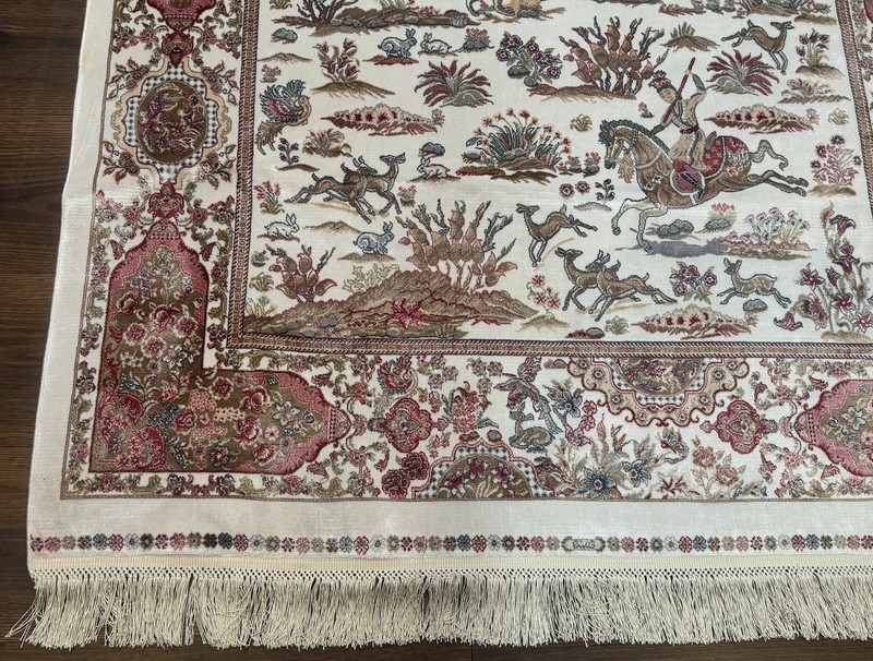 Turkish Silk Hunting Scene Rug 4x6, Ivory, Bamboo Silk, New gallery