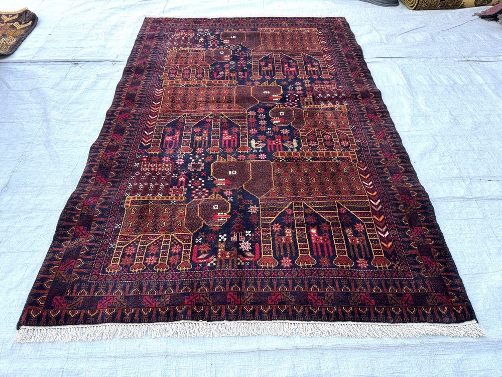 Hand Knotted Afghan Vintage Area Rug 4x6 ft Blue Baluchi Pictorial Animal Carpet