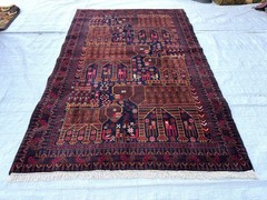 Hand Knotted Afghan Vintage Area Rug 4×6 ft Blue Baluchi Pictorial Animal Carpet