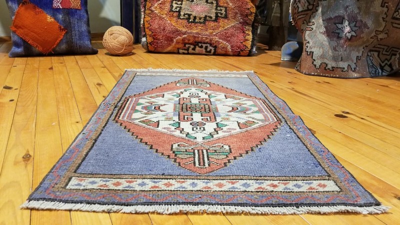 Stunning Antique 1940-1950's Wool Pile Natural Dye Tribal Rug 1'9'' x 2'10'' gallery