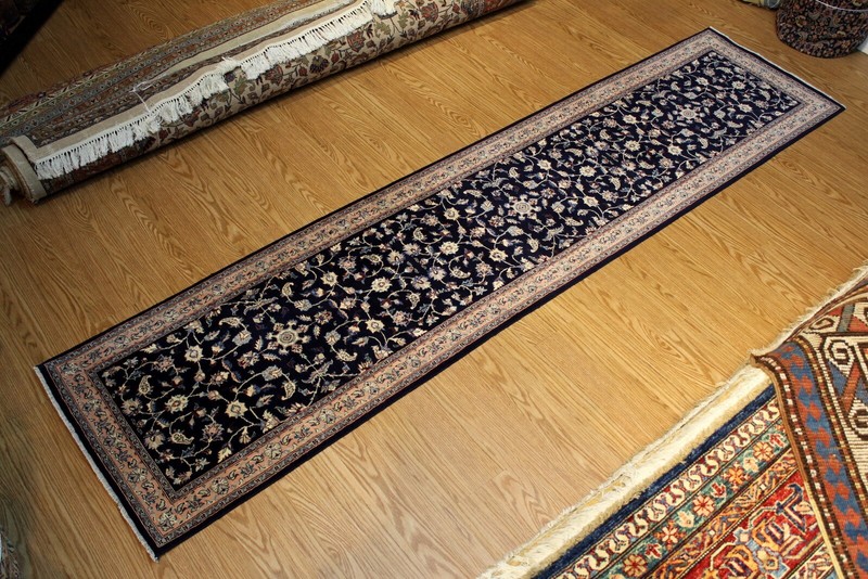 _HAND-MADE_HALL_RUNNER_ 11 ft. Fine Quality Dark Blue Navy Salmon Floral Rug gallery