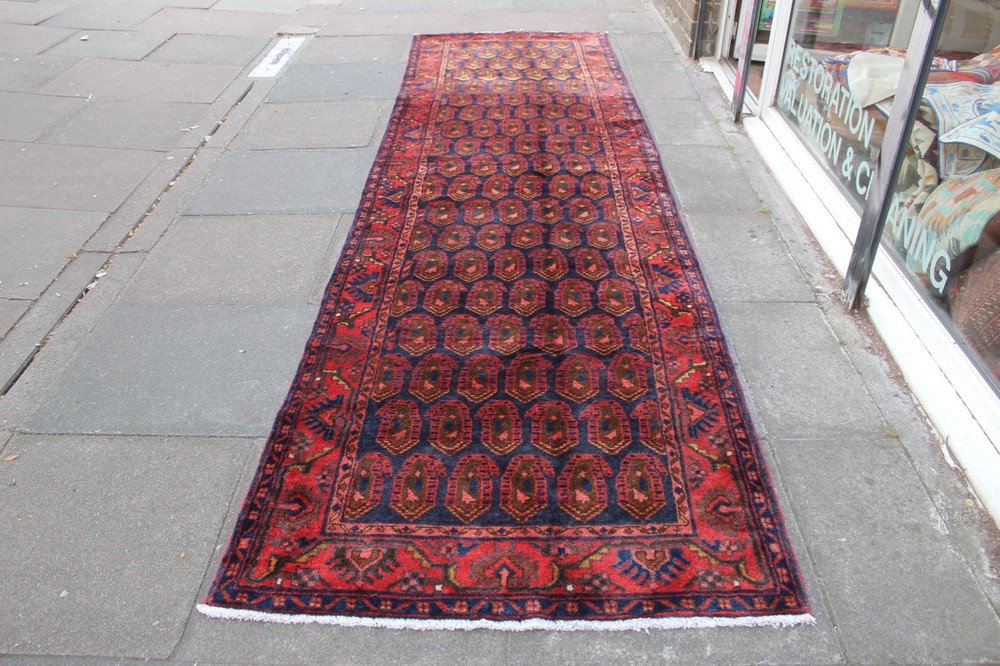 Vintage Hand Made Traditional Oriental Wool Blue Red Long Runner 403x113cm