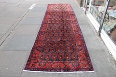 Vintage Hand Made Traditional Oriental Wool Blue Red Long Runner 403x113cm