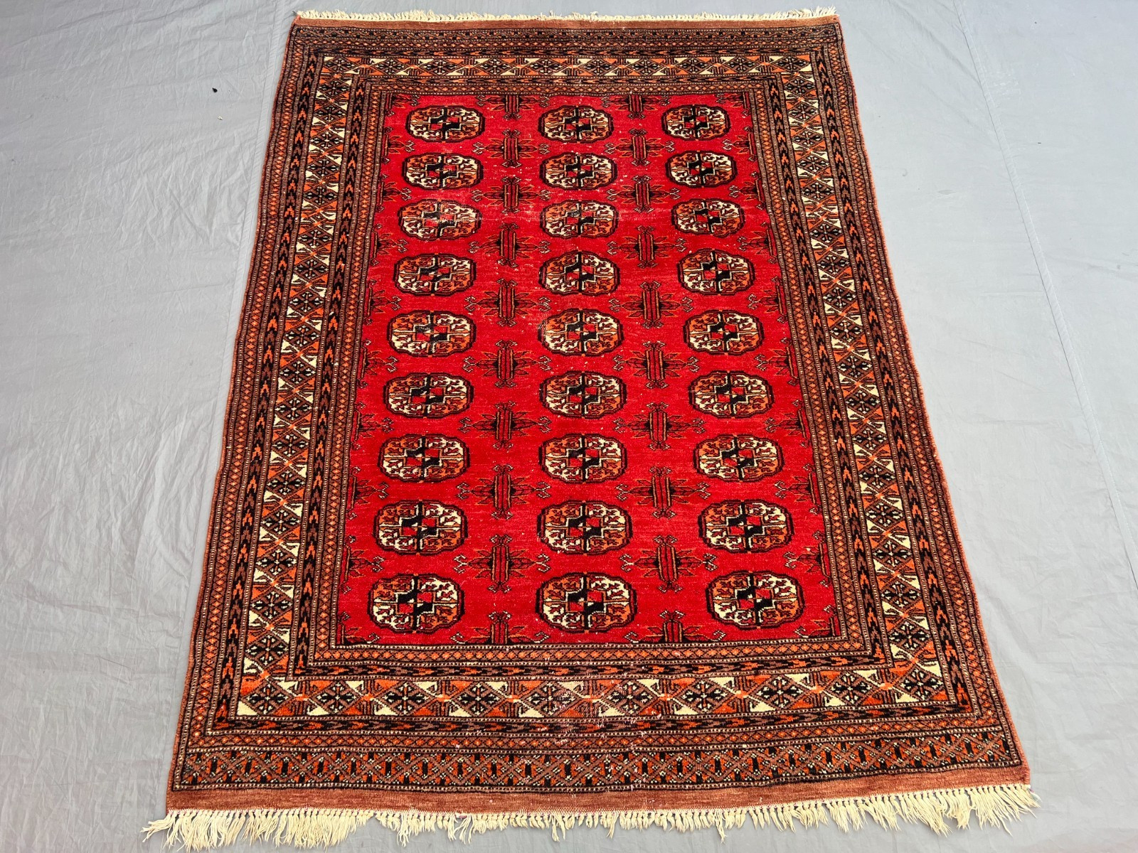 4x5'3ft Turkoman Bokhara All-Over Elephant Foot Gul Handknotted Wool Vintage Rug gallery