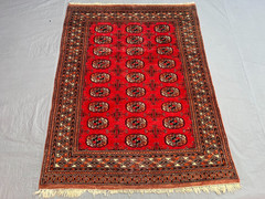 4×5’3ft Turkoman Bokhara All-Over Elephant Foot Gul Handknotted Wool Vintage Rug