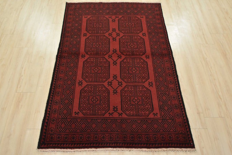 Vintage Bokhara Rug 4' x 5'10'' Red Wool Tribal Hand-Knotted Oriental Carpet gallery