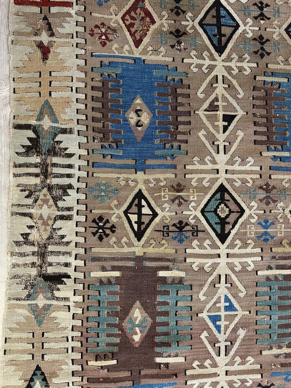 19th C Decorative Collectable Turkish Anatolian Reyhannli Kilim Rug 5’ x 8’3” gallery