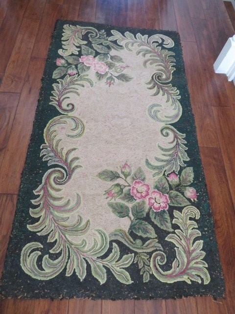 Old Antique FLORAL HOOKED WOOL RUG Aubusson Style Design Pink Flowers 67 x 36 gallery