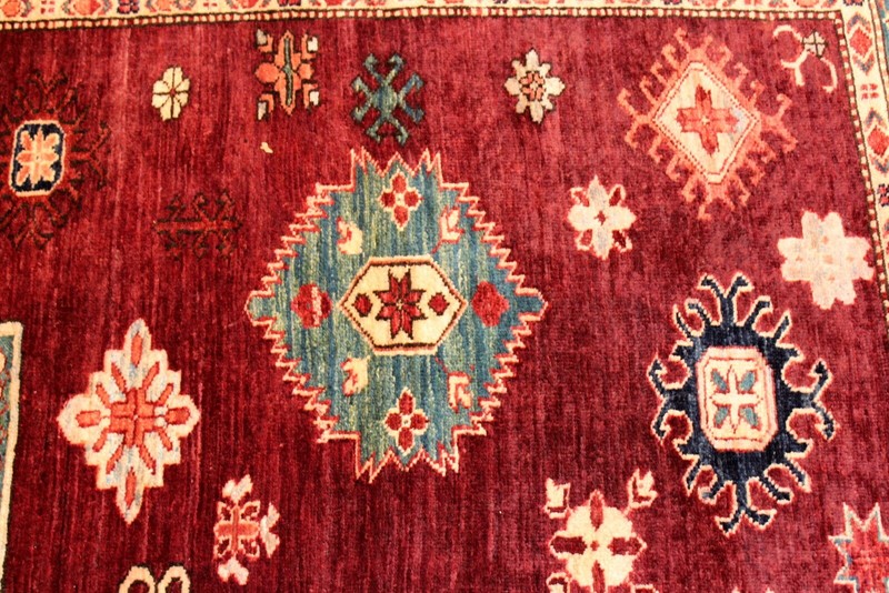 _KAZAK_RUG_HAND-MADE_7 X 9 FT. HAND-KNOTTED-100% WOOL Maroon dark red teal color gallery