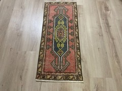 Vintage Turkish Handmade Wool Rug 1.4×3.5 Ft Pink Blue Oushak Anatolian Runner