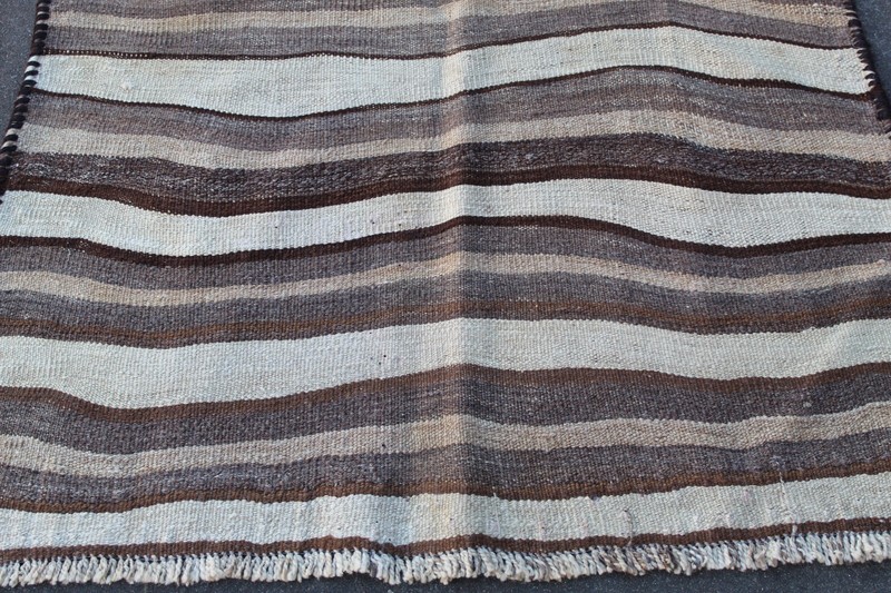 Vintage Traditional Hand Made Oriental Wool White Brown Large Kilim 162x104cm gallery