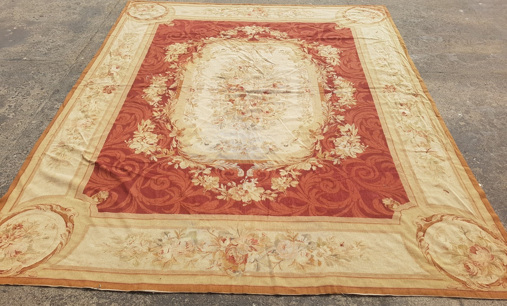 Vintage Handmade French Aubusson Style Floral Wool Needlepoint Rug 292x234 cm