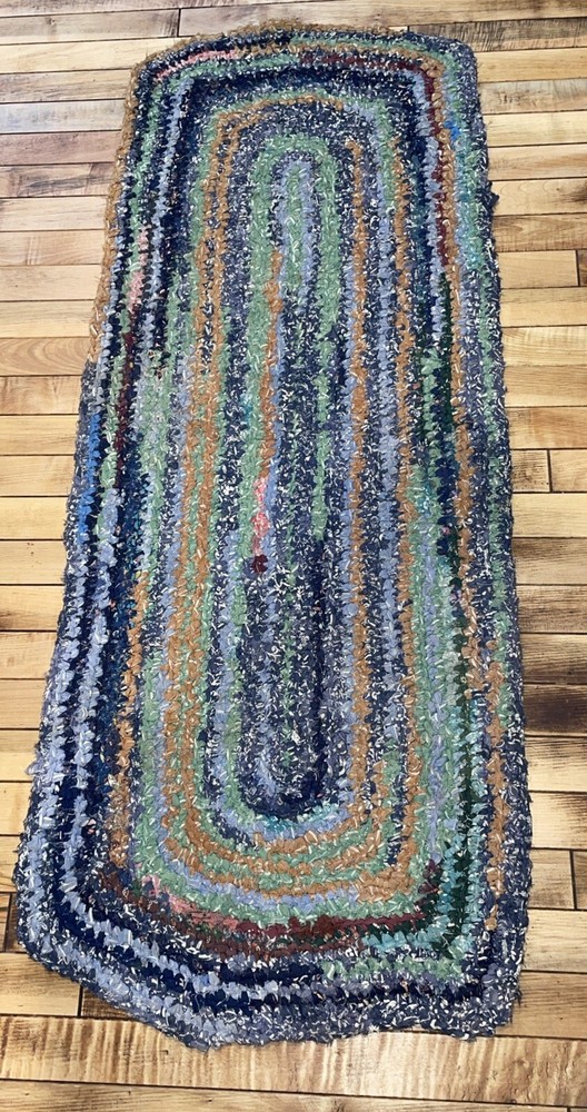 Antique Primitive Hand Woven Braided Rug Blue/Green/Orange Area 4’4”x21”
